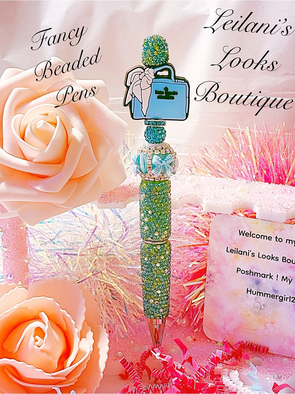 Sparkling Green Beaded Luxury Pen with Suitcase Charm/ Fancy beaded Pen/gifts